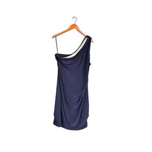 Lauren Ralph Lauren Navy Blue One Shoulder Evening Dress Sz 16 Formal Party Glam